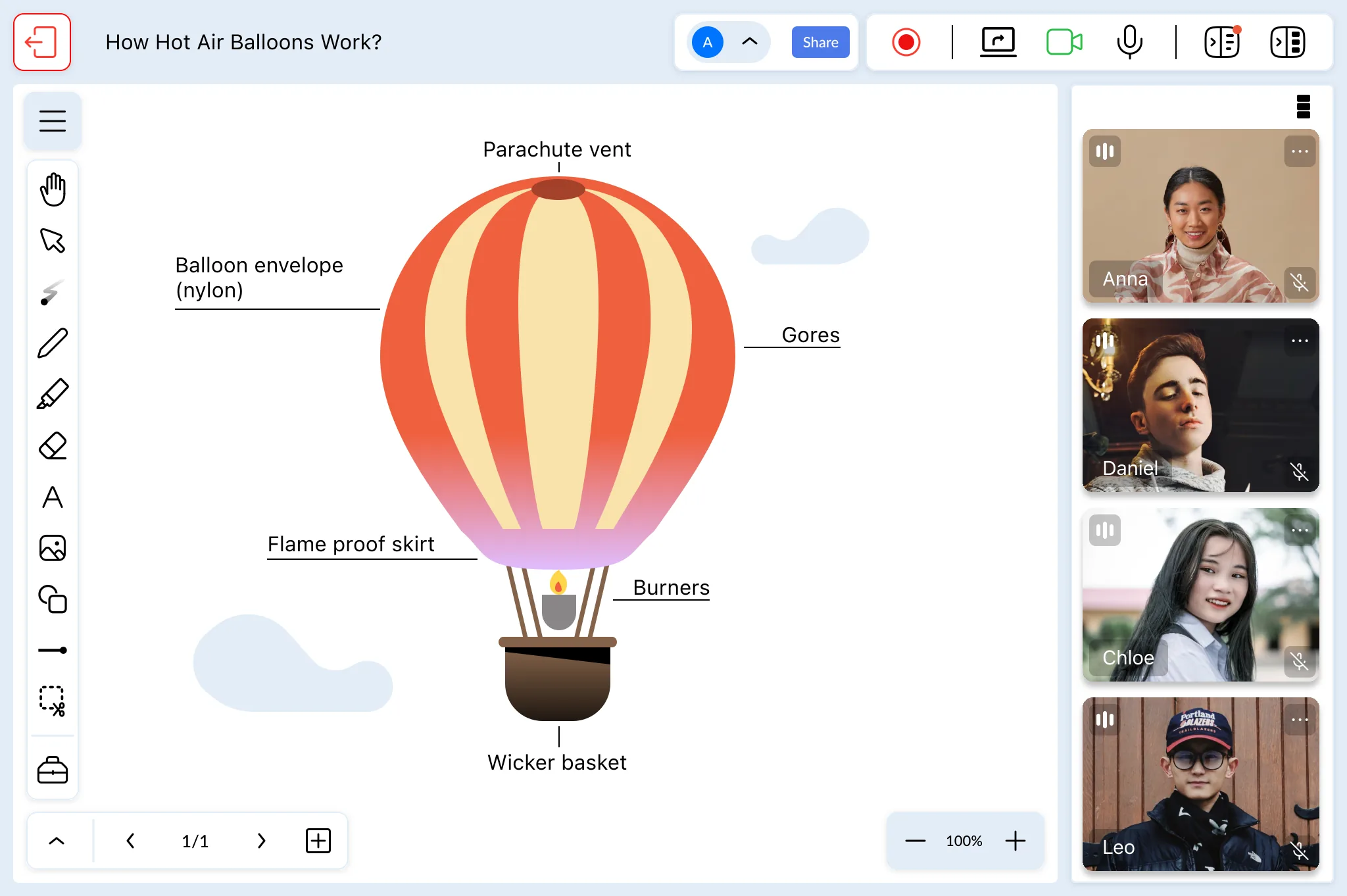 Boardous lesson view: a whiteboard with an annotated hot-air balloon diagram next to the video call panel